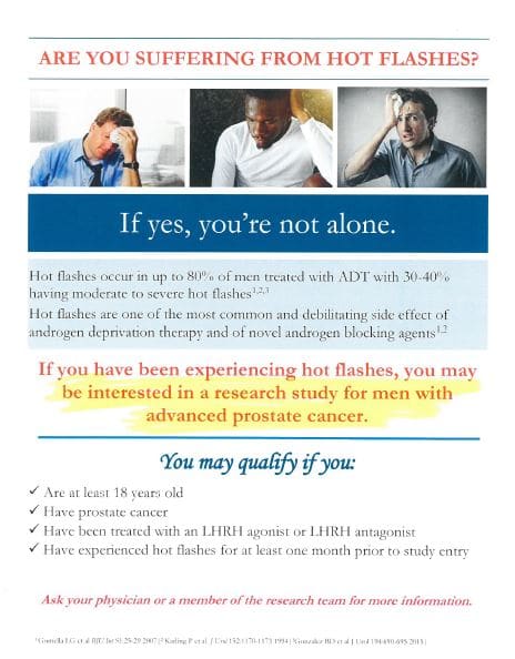 Men, are you suffering with hot flashes and have advanced prostate cancer ? Call or email us today! Men, are you suffering with hot flashes and have advanced prostate cancer ? Call or email us today!
